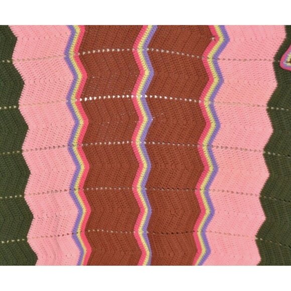 Vintage Chevron Pattern Striped Hand Knit Crochet Afghan Throw Baby Blanket - Picture 2 of 5